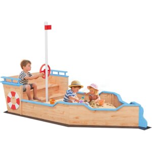 Pirate Ship Wooden Sandbox, Outdoor Sand Box with 2 Bench Seats, Bottom Liner, Kids Sandpit Boat w/Rudder, Realistic Flag, Buoy