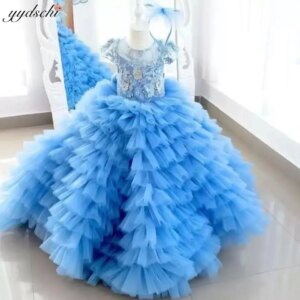 Customized Elegant Blue Puffy Flower Girl Dresses For Wedding 2025 Tulle Tiered Appliques Princess Pageant First Communion Gown