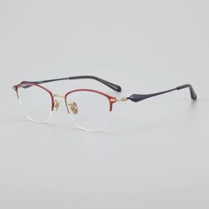 Trendy Pure Titanium Half Rimless Glasses For Women Sexy Cat Eyes Red Metal Eyeglass Frame For Reading/Myopia∣Home & Office Use
