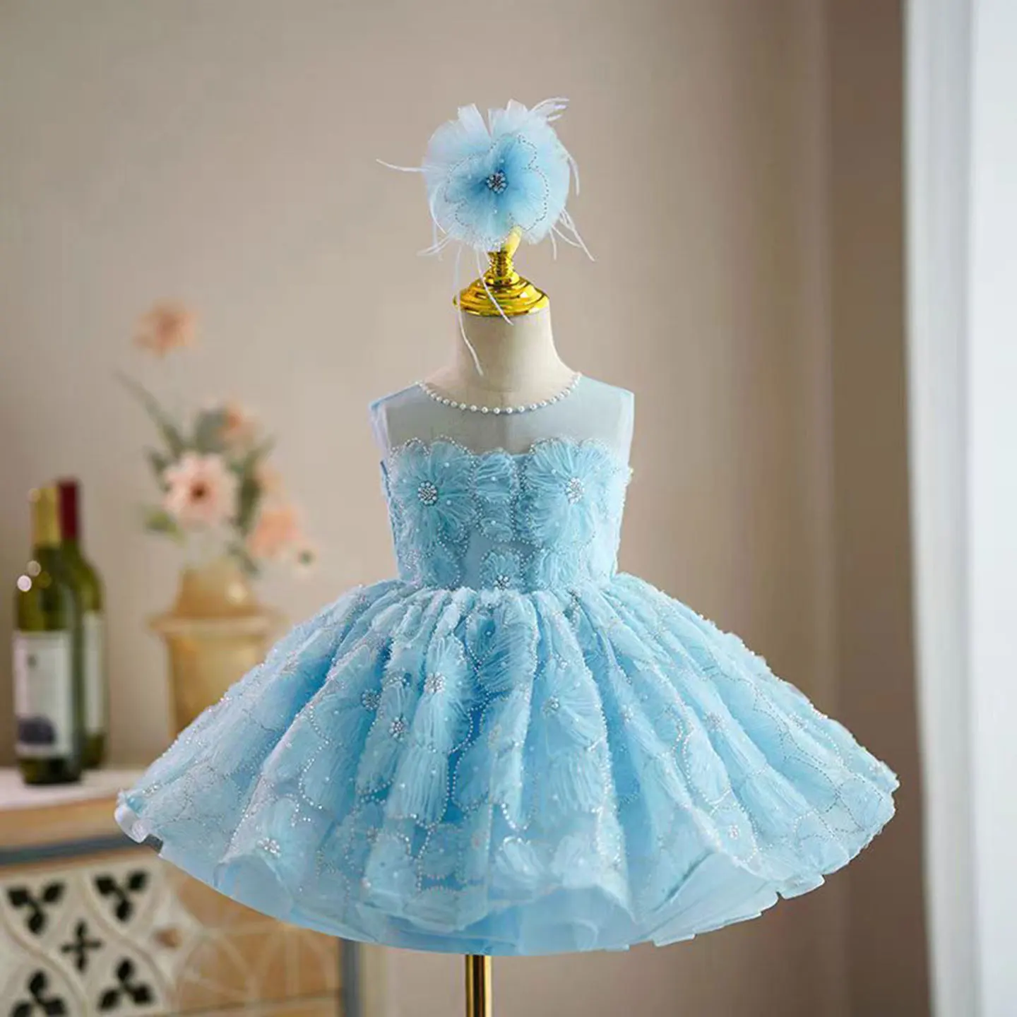Dreamy Vow Elegant Girl Dress With Sleeveless and Pearls Tulle Toddler 1st Wedding Birthday Party Knee Length Ball Gown J776