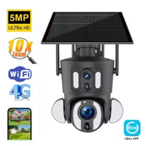 5MP 10X Zoom WiFi Solar Camera 4G PTZ Linkage Camera Dual Lens UBOX IP66 Waterproof 2 Way Audio Solar Panel Security Camera Cam