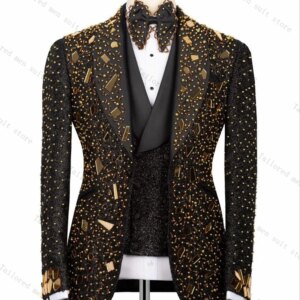 Golden Crystals Men Suit Set 2 Pieces Blazer+Pant Formal Work Office Male Jacket Prom Cotton Coat Trousers Groom Wedding Tuxedos