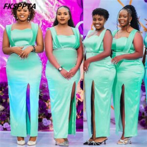 Long Mint Green Bridesmaid Dresses Straight Side Split Beads Belt High Quality Satin Maids Of Honor Gowns For Wedding Party