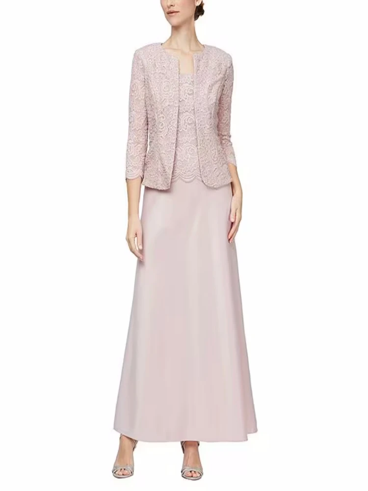 Customized Embroidered Lace 7-Quarter Sleeve Two-piece Jacket Mother's Dress Square Neck Skirt Body Embroidered A-line Dress