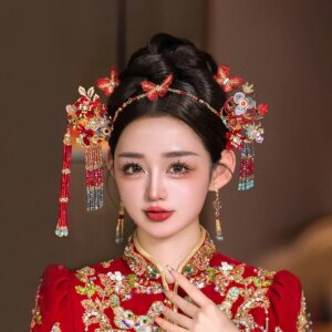 Xiuhe Headdress Red Flower Costume Chinese Wedding Jewelry Hair Clasp Simple and Elegant