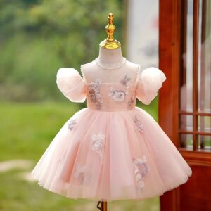Dreamy Vow Pink Flower Baby Girl Elegant Princess Dress with Pearls Short Sleeve Party Birthday Spring Summer Prom Gowns J772