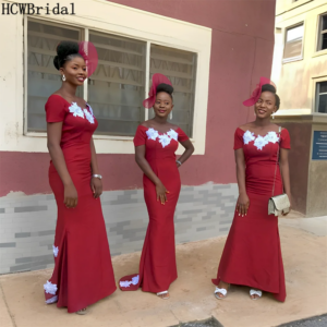 Plus Size Long 2025 Bridesmaid Dresses White Appliques Short Sleeves Satin Mermaid Wedding Guest Gowns Customized Cheap