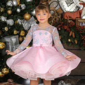 Dreamy Vow Elegant Pink Blue Baby Girl Dress Long Sleeved for Kids Holiday Party Spring Summer Knee Length Ball Gown J048