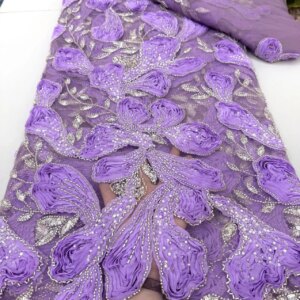 5 Yards Dubai Lace Fabrics Quality 2024 African Red Beaded French Mesh Lace 3D Flower Lace Fabric Sequence For Sewing KB4965