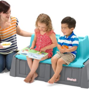 Sand and Water Kids Bench, 2-in-1 Sand and Water Table with Outdoor Storage Bench, Gray and Teal
