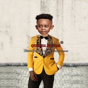 Boys’ Tuxedos Attire Children Formal Party Birthday Dresses Black Peaked Lapel Gold Jacket Pants 2 Pieces Kids Tuxedos Wedding