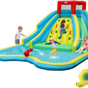 Inflatable Water Slide, 15x12FT Mega Waterslide Park with Dual Slides for Racing Fun/Heavy Climbing Wall with 735W Air Blower