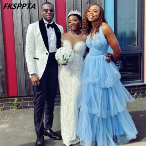 Elegant Long Baby Blue Birdesmaid Dresses A Line Halter Tiered Skirt Tulle Wedding Party Gowns 2024 Maids Of Honor Dress