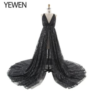 Sparkly Sequin Maternity Shoot Dress Elegant V Neck See-Through Photoshoot Gown Beach Pregnancy Photography Outfit YW240064