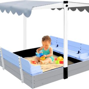 Wooden Kids Sandbox with Lid Sand Box with Canopy Outdoor Sandpit with Cover Adjustable Roof Bottom Liner, Blue