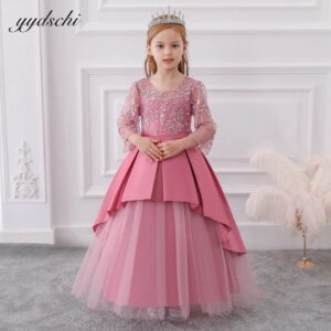 2025 Pink Bow Flower Girl Dresses Elegant Princess Satin Ball Gown For Kids Birthday Party Dress Simple Bow First Communion