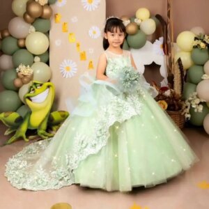 Sage Green Flower Girl Dresses Customized Bow Kids Princess Gown Birthday Party Gowns Quinceanera Litter Girl’s Pageant Dress