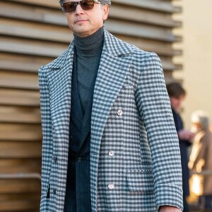 Checkered Fabric Personalized Fit Tweed Long Coats Wool Peak Lapel Coat Double Breasted 1 Piece Modern OverCoat Tailored