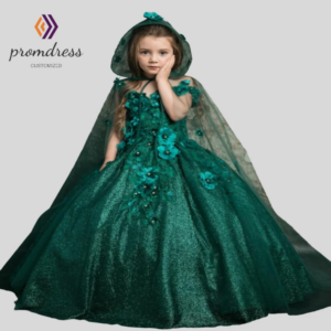 Emerald Green Flower Girls Dress With Cloak Princess 3D Florals Beaded Kids Pageant Dress A Line Girls Birthday Dress Customized