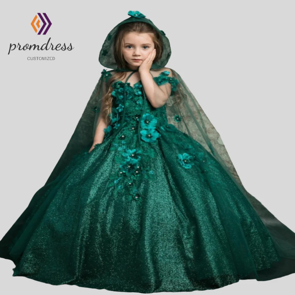 Emerald Green Flower Girls Dress With Cloak Princess 3D Florals Beaded Kids Pageant Dress A Line Girls Birthday Dress Customized
