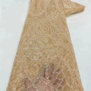 Navy Blue Beaded Lace Fabric African Fabric Lace High Quality 2025 Gold Beaded Nigerian Sequins Tulle Lace For Sewing KB3752