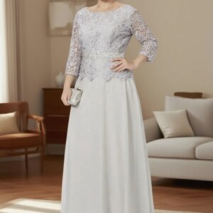 A-Line Mother of the Bride Dress Formal Elegant Plus Size Jewel Neck Floor Length Chiffon 3/4 Length Sleeve with Lace Customized