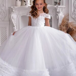 Customized White Flower Girl Dresses For Wedding Princess Lace Appliques Short Sleeves First Communion Evening Party Dresses