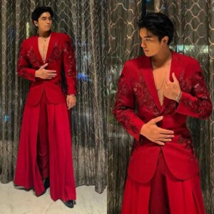 Red Flowers Mens Suits Appliques Pleats Groom Wedding Pants Sets Slim Fit Party Fashion Show Wear 2 Pieces Customized