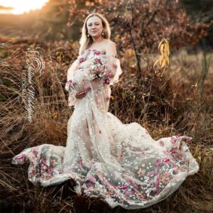 Don&Judy Trendy Maternity Formal Wear Gauze Embroidery Top Split Skirt Dress for Pregnant Women Formal Dresses Wedding Party