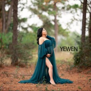 Tulle Off Shoulder Lace Up on Back Open Front Maternity Gown for Photo Shoot Baby Shower YEWEN