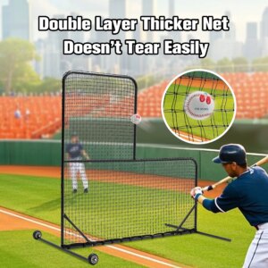 L-Shaped Baseball Net for Batting Cages, Baseball Pitching Net with Wheels – 84”H x 84”W, with 42” x 42” Cutouts,include Car