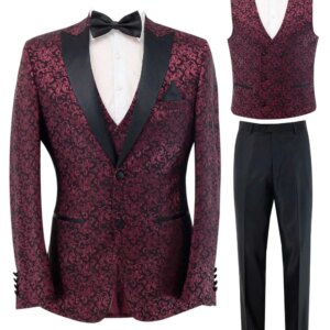 Burgundy Pattern Wedding Men Groom Tuxedos Peaked Lapel Jacket Custom Made Prom Male White Party Coat Jacket Vest Pants Suits