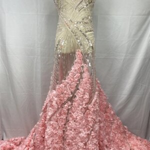 African 3D Flower Lace Fabric High Quality With Sequins Embroidered French Nigerian Beads Lace Fabric For Wedding