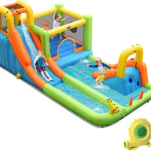 Inflatable Water Slide, 8 in 1 Mega Waterslide Park Bounce House for Outdoor Fun w/950W Blower, Long Slide, Splash Pool, Water S