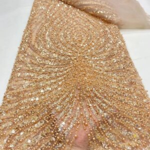 African Lace Fabric 5 Yards High Quality 2025 Gold Beaded French Mesh Lace Nigerian Blue Bridal Sequins Lace For Sewing KB4972