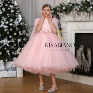 Luxury Pink Flower Girl Dresses For Wedding Princess Beading Feather Litter Girl’s Baby Birthday Party Prom Photo Shoot Gowns