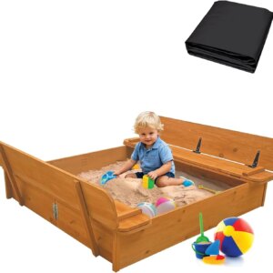 Large Wooden Kids Sandbox with Lid – Outdoor Sand Box for Kids with Cover Sand Protection, Foldable Bench Seats and Bottom Liner