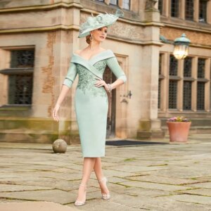New Sage Short Mother of the Bride Dress 2025 Off Shoulder 3/4 Sleeves Wedding Party Gowns Appliques Tea-Length Robe De Soiree