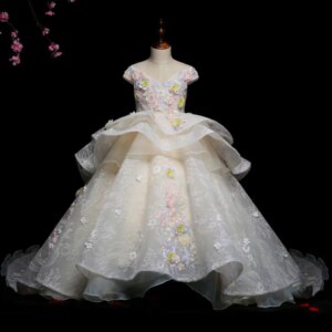 Luxury Off Shoulder Lace Floral Applique Flower Girl Dress For Wedding 2025 Princess Ball Gown Kid Pageant First Communion Gown