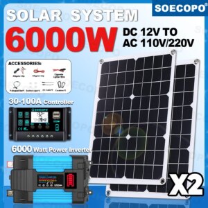 SOECOPO 6000W Camping Solar Kit Home DC 12V – AC 110V/220V Inverter Off Grid Solar System 100A Controller USB 5V/1.5A Panel