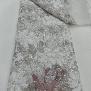Luxurious African Beaded Net Mesh Lace Fabric 2025 Beads Embroidery Sequins French Tulle Lace for Nigerian Wedding Party Dress