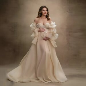 Bump Friendly Off Shoulder Tulle Maternity Photoshoot Dress Long Sleeve Shooting Dresses for Pregnant Women Baby Shower Outfit