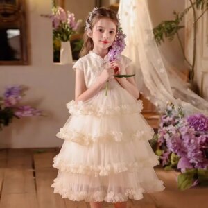 Jill Wish Elegant Champagne Flower Girl Dress Tea Length Kids Princess Birthday Wedding Party Children Holiday Evening Gown J524