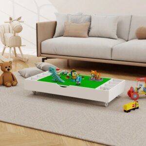 The 2 In 1 Rollaway Play Table And Toy Organizer Compatible With Lego Suitable For Storing Under Bed Or Sofa-White 38″ 18.7″