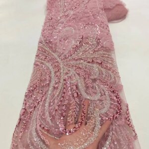 2025 African French Nigerian High End Tulle Lace Fabric With Beads Sequins Embroiderg Mesh for Wedding Party Bride Sewing Dress