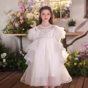 Jill Wish Luxury White Puffy Sleeve Beaded Flower Girl Dress A-Line Tea Length Princess Wedding Birthday Party Evening Gown J529