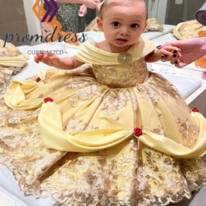 Costume Belle Gold Flower Girls Dress Pleated Lace Kids Pageant Dress Handmade Florals A Line Princess Birthday Party Customized