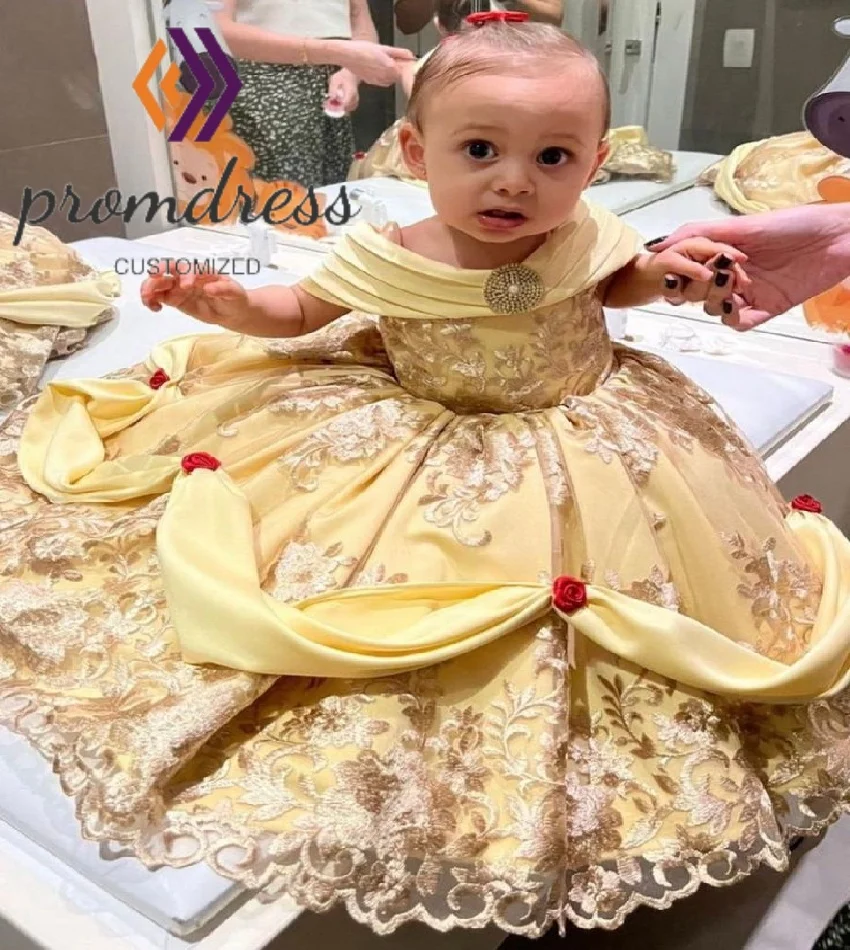 Costume Belle Gold Flower Girls Dress Pleated Lace Kids Pageant Dress Handmade Florals A Line Princess Birthday Party Customized