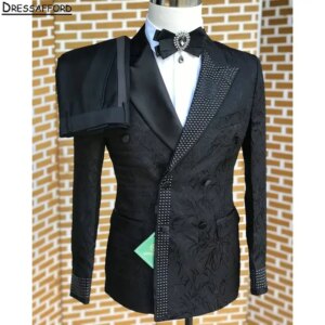 Black Jacquard Men Business Glitter Crystal Formal Occasion Tuxedos Grooms Wedding Party Prom Male Suit 2 Piece Set Blazer Pants