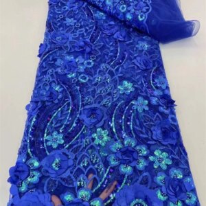 Blue French Mesh Beads Embroidery orange Sequins Lace Fabric African Nigerian 3D Beaded Lace Fabrics For Wedding Dresses A1167-1